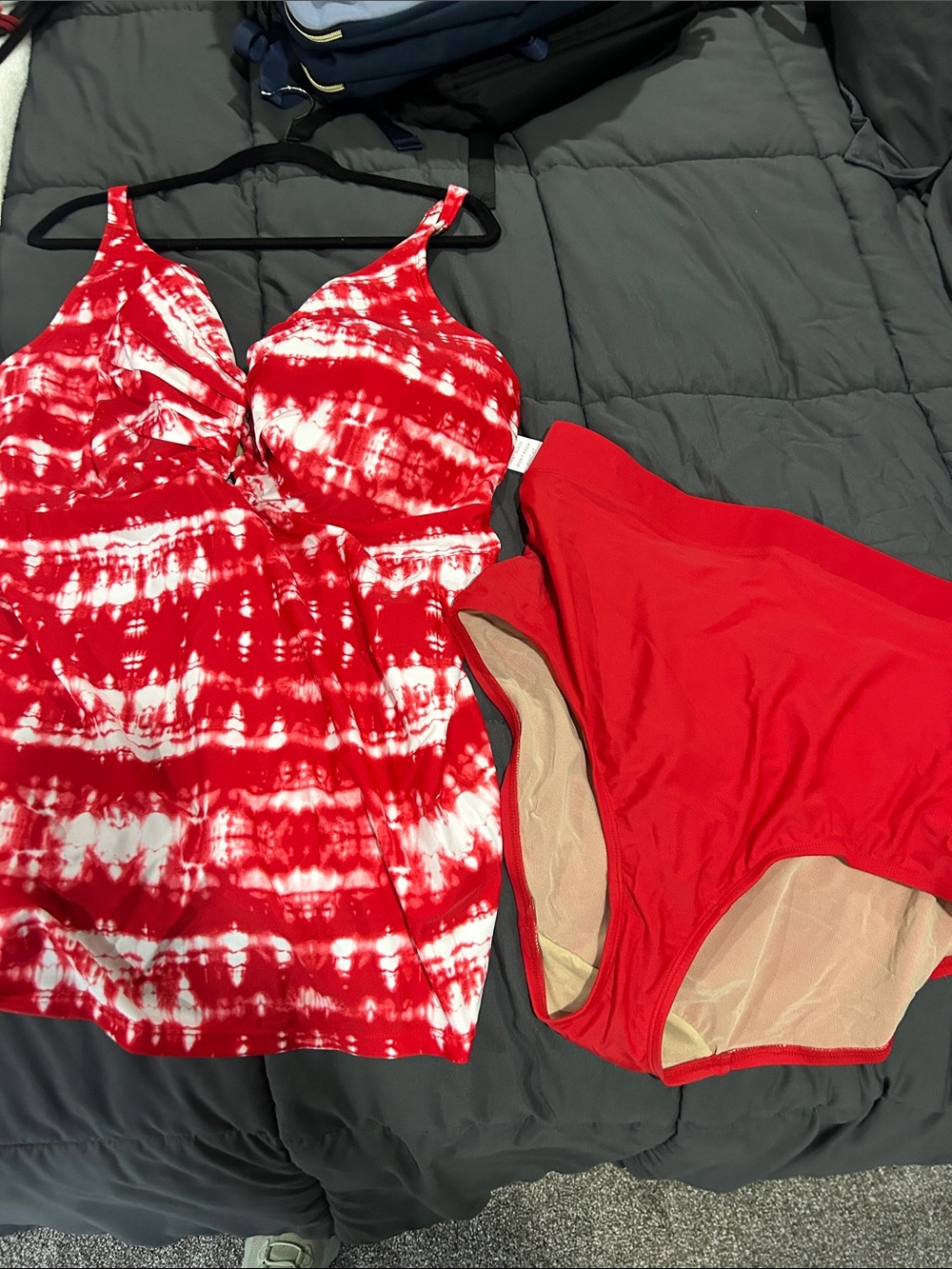 Cacique Red Tie-Dye Tankini Top with Solid Red Bottoms